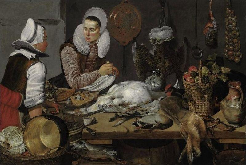 unknow artist A Kitchen Interior with a Maid and a Lady Preparing Game, oil on canvas painting attributed to Frans Hals, 1625-1630 oil painting image